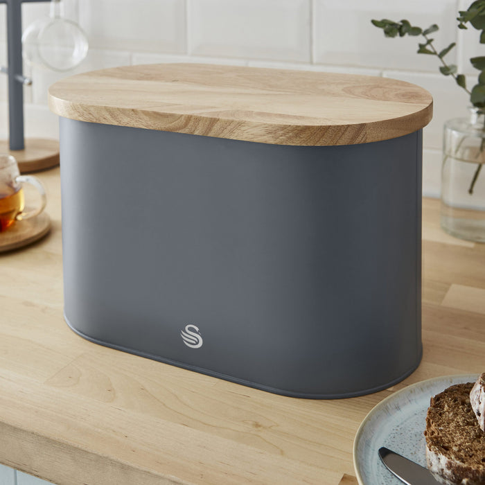 Salton Swan Nordic Bread Bin with Cutting Board - Grey