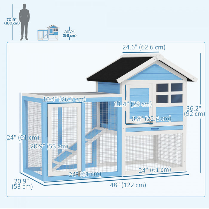 Pawhut 48\" Weatherproof Wooden Rabbit Hutch With Slant Roof And Screened Outdoor Run, Light Blue