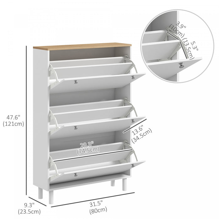 HOMCOM Shoe Cabinet with 3 Flip Drawers for 24 Pairs of Shoes, White