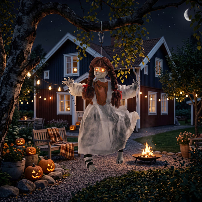 HOMCOM Halloween Animated Hanging Creepy Girl on Swing Decoration