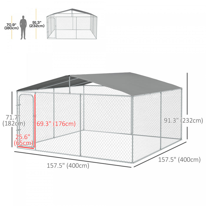 Pawhut Dog Kennel Outdoor Run Fence With Roof, Steel Lock, Mesh Sidewalls For Backyard & Patio, 13.1' X 13.1' X 7.5'