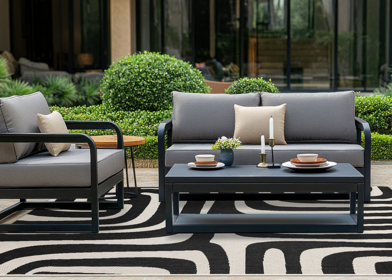 Jackson Black White Abstract Lines Outdoor Rug, 6'7\" x 9'6\" Outdoor Area Rug