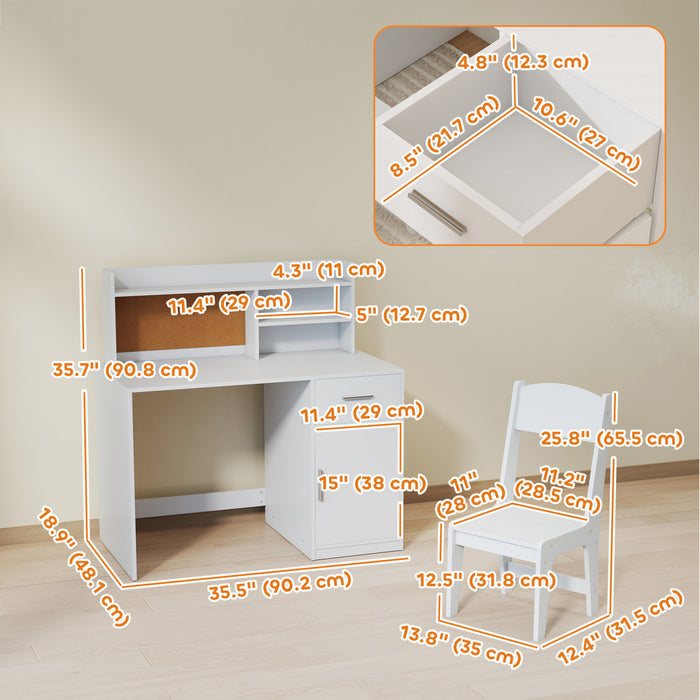 Qaba Kids Desk and Chair Set, Kids Study Table and Chair Set with Storage Hutch, Drawer, Cabinet, Compartments, Cork Board, Student Writing Desk for Bedroom, School, Study Room