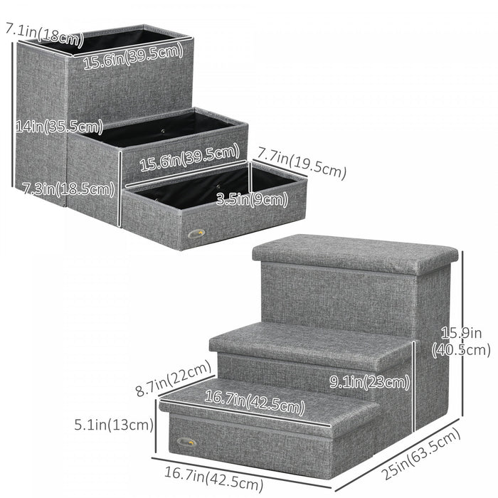 Pawhut Pet Stairs, 3-tier Dog Steps For High Bed Couch With Storage Box, Portable Pet Steps Home Ladder For Small Cat And Dog, Light Grey