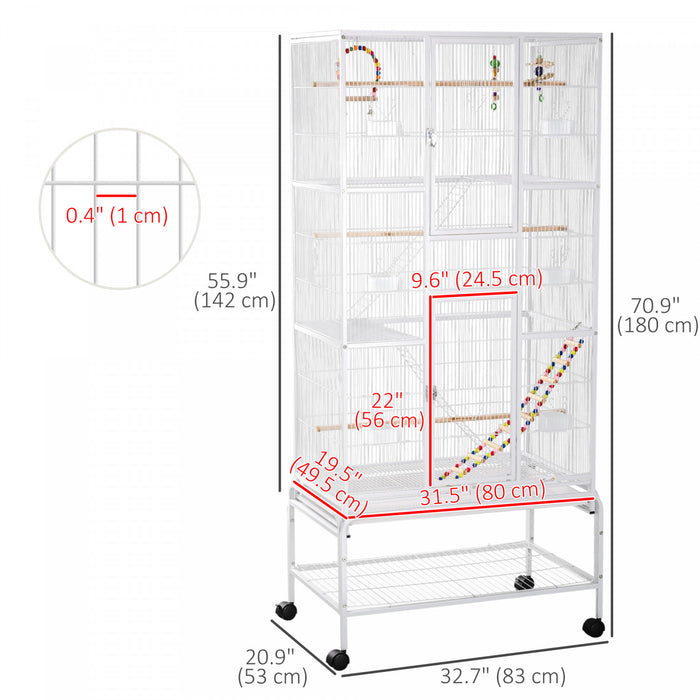 Pawhut 71\" Bird Cage, 3 Tier Large Parrot Cage With Wheels, Perches, Ramp, Storage Shelf, Toys For Canaries, Finches, Cockatiels, Parakeets, White