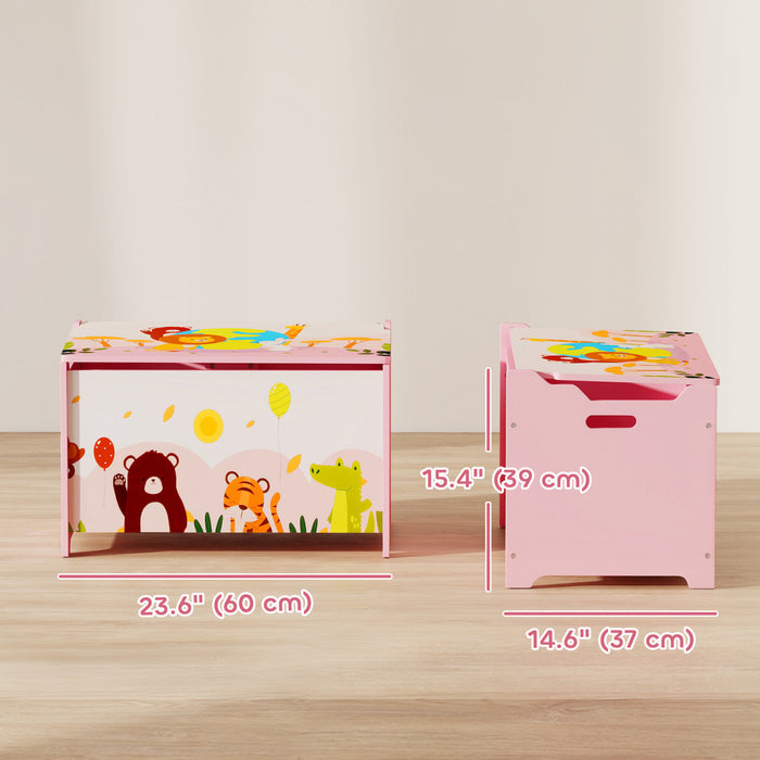 Qaba Toy Box, Kids Storage Chest with Lid, Safety Hinges and Groove Handles, Toy Storage Organizer with Animals Pattern for Boys, Girls, Pink