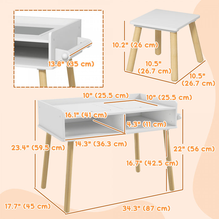 Qaba Kids Table And Chair Set, 3 In 1 Toddler Activity Table With Building Blocks Board, Paper Roll, Storage, For Playing, Drawing, Reading, Art, Craft, For Nursery, Playroom, Grey
