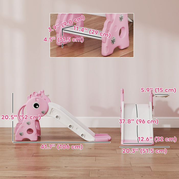 Qaba Toddler Slide, 3 in 1 Kids Slide for Toddler Aged 1-3 with Climber, Basketball Hoop and Ball, Baby Playset with Giraffe Design, for Indoor and Outdoor Play, Pink
