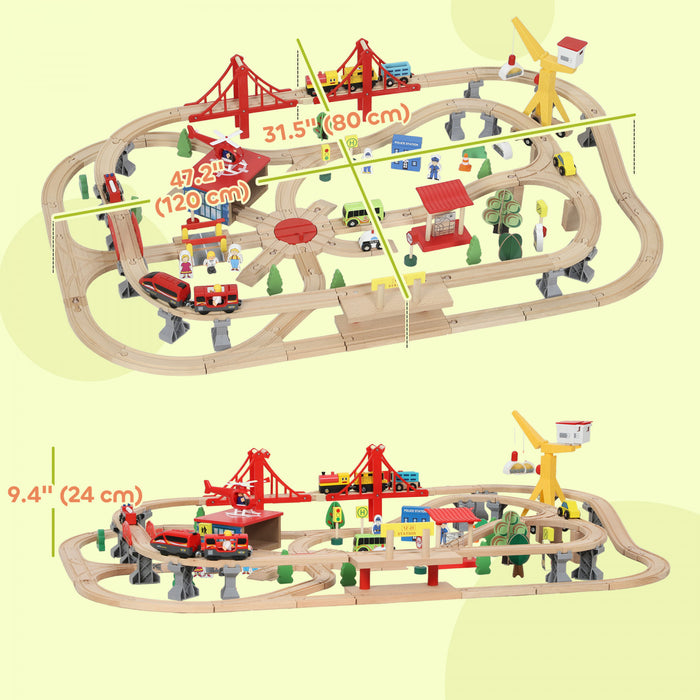 Qaba Wooden Train Set, 133 Pcs Toy Railway Set for Kids Toddlers, Boys & Girls 3+ Years with Track, Battery Towered Train, Crane, Bridge & Accessories, STEM Toys Gift for Children