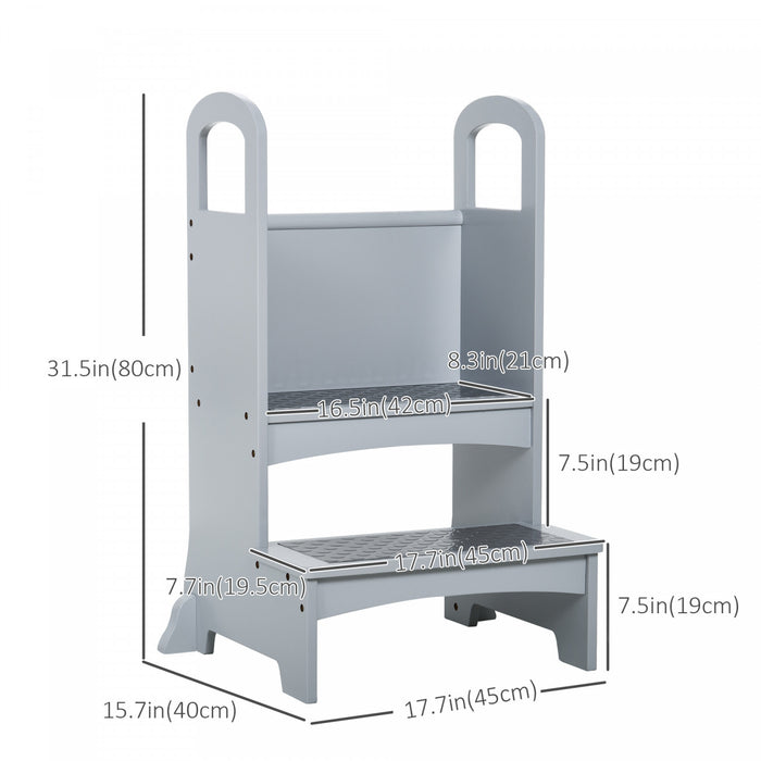 Qaba 2 Step Stool Kids Kitchen Helper With Support Handles And Non-slip Pad For Kitchen, Living Room And Bathroom, Grey