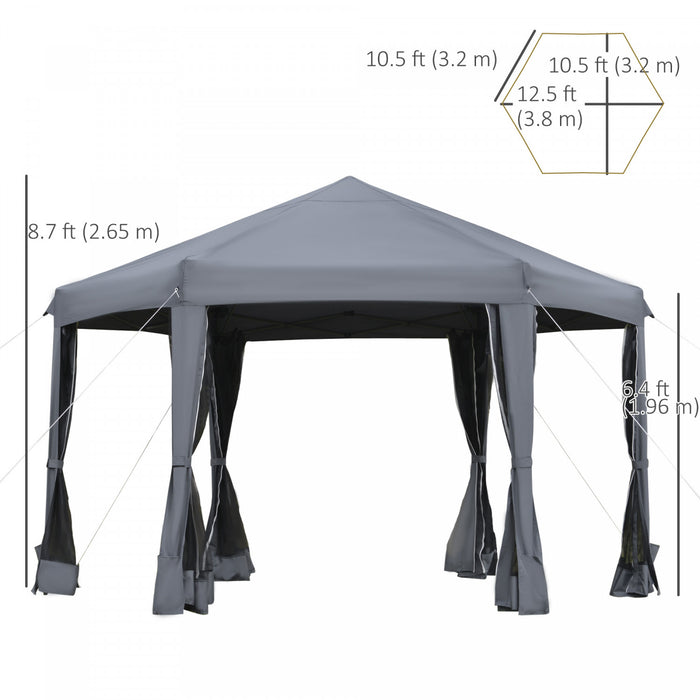 Outsunny 12.5' Pop Up Gazebo Hexagonal Canopy Tent Outdoor Shelter Pavilion Sun Protection With Mesh Sidewalls, Handy Bag, Dark Grey