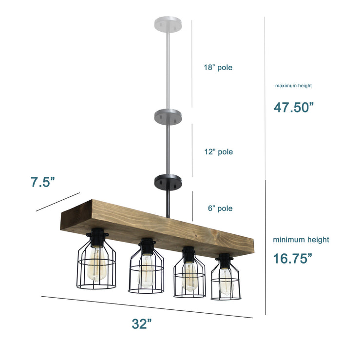 Abell 4 Light Rustic Wood Pendant, Onyx, 32\"L Lamp