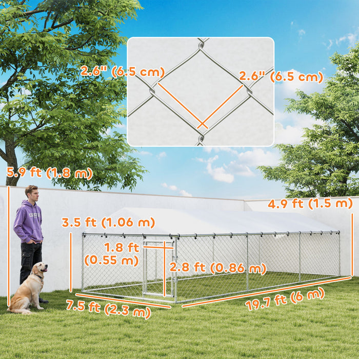 PawHut Outdoor Dog Kennel Dog Run with Waterproof, UV Resistant Cover, Double Secure Locks for Small, Medium and Large Sized Dogs, 19.7' x 7.5' x 4.9', Silver