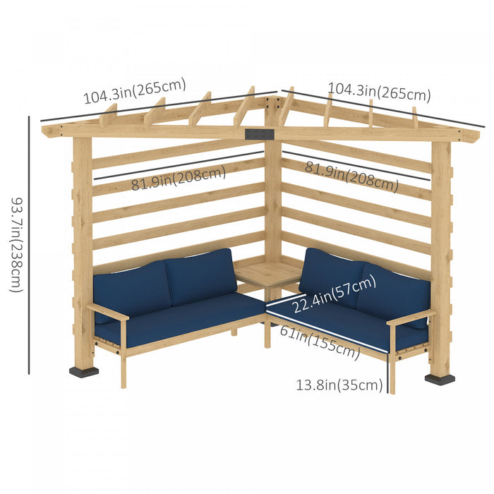 Outsunny 9' X 9' Corner Pergola With Conversation Set And Cushions, Fir Wood Outdoor Pergola With End Table For Climbing Plants, Natural And Blue