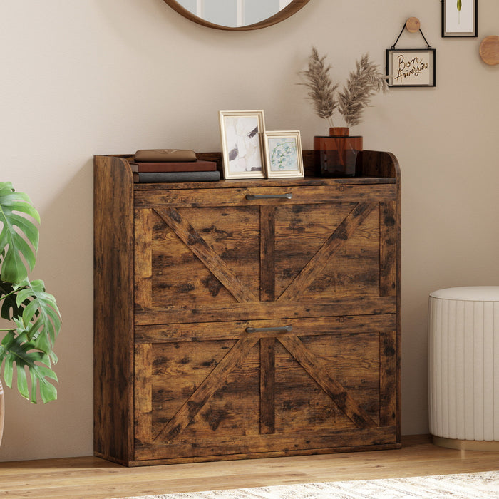 HOMCOM Narrow Shoe Cabinet 2 Flip Drawer Shoe Storage Cabinet, Rustic Brown