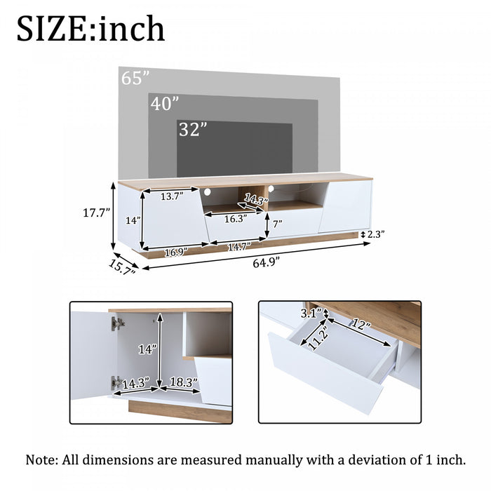 Lumina 64.9 Inch TV Cabinet with LED Lights and High-Gloss Finish, White/Wood