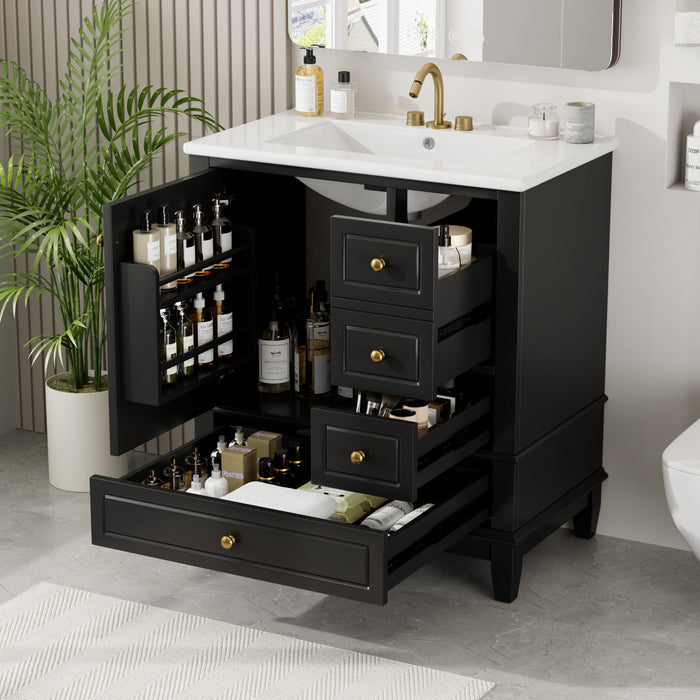 Emma 30\" Solid Wood Bathroom Vanity with Ceramic Sink and Soft-Close Door, Black