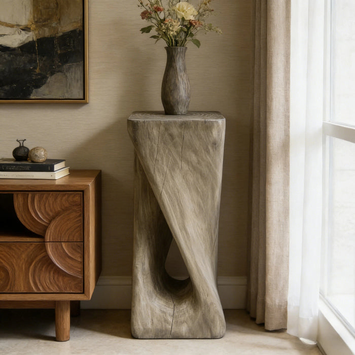Cade 26.80\" Twisted Square MGO Accent Table, Unique Natural Wood Grain Indoor Side Table, Grey