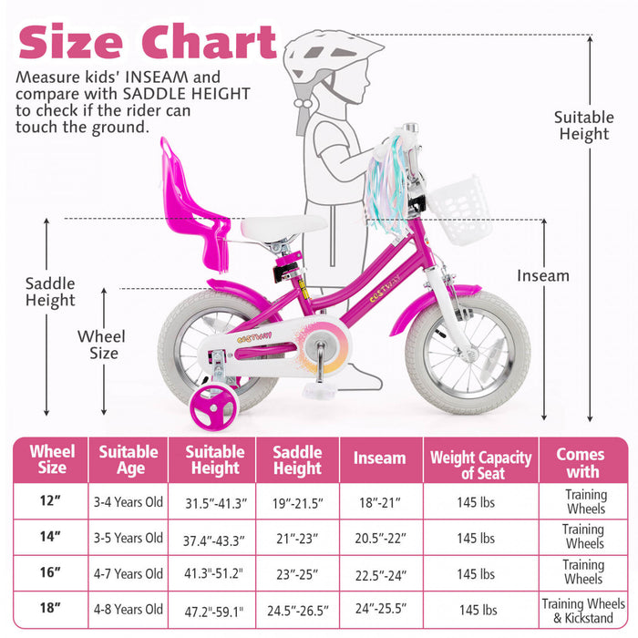 Costway 12 Inch Kids Bike With Training Wheels Doll Seat Basket Streamers Hand Brake Pink