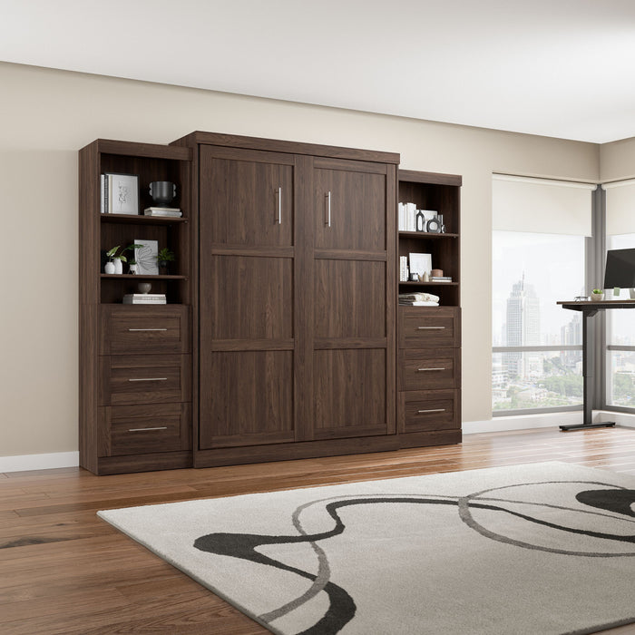 Bestar Pur 115\" Queen Murphy Bed and 2 Shelving Units with Drawers - Black Walnut