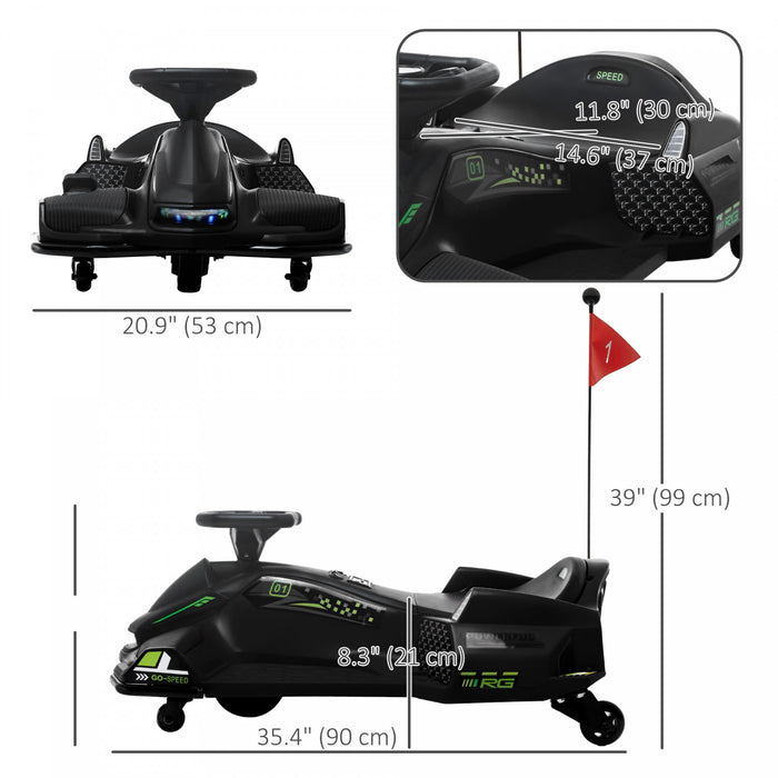 Aosom 12V Electric Go Kart, Battery Powered Drift Cart with 2 Speeds, Soft Start, PU Wheels, 5 MPH High Speed, Ride on Toy with Music, Colourful LED Lights, for Ages 8-12, Black