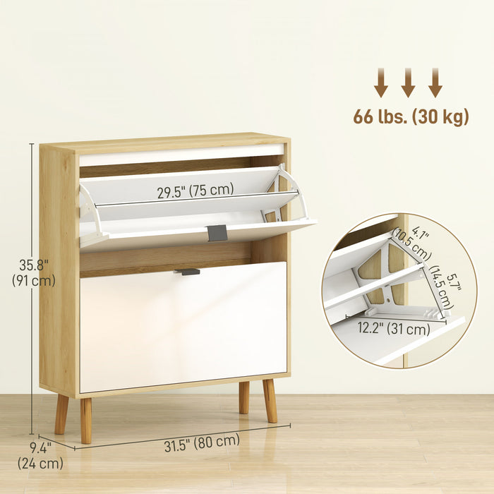 HOMCOM Narrow Shoe Cabinet, 2 Flip Drawers Shoe Storage Cabinet, White