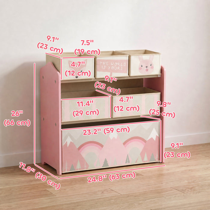 Qaba Toy Organizer with 6 Storage Bins, Kids Storage Unit for Bedroom, Kids Room, 25\" x 12\" x 26\", Pink