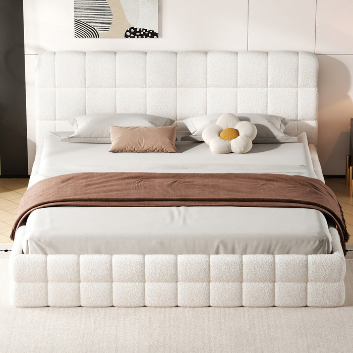 Emma Modern Upholstered Platform Bed with Comfortable Solid Wood,King Size,White King Bed