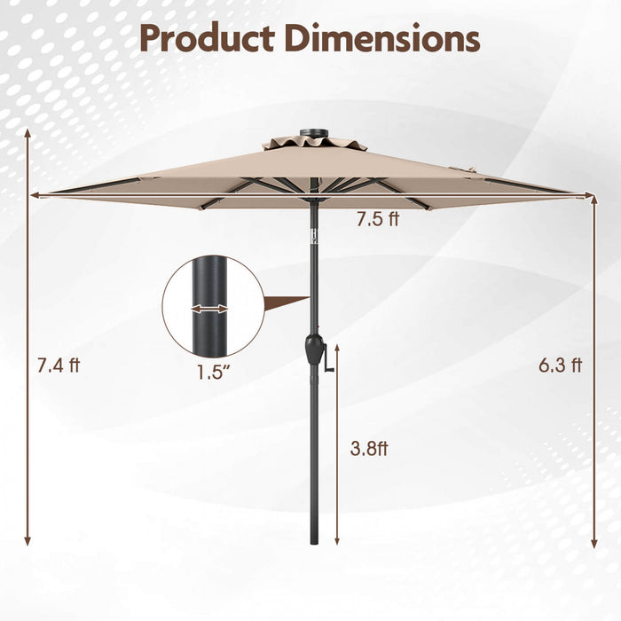 Costway 7.5 ft Solar Powered Patio Umbrella with LED Lights Push Button Tilt Crank Handle Brown