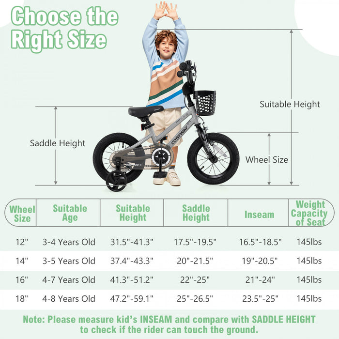 Costway 12\" Kid's Bike With Training Wheels Adjustable Handlebar & Seat Handbrake Silver
