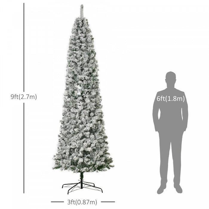 Homcom 9ft Prelit Artificial Snow Flocked Pencil Christmas Tree