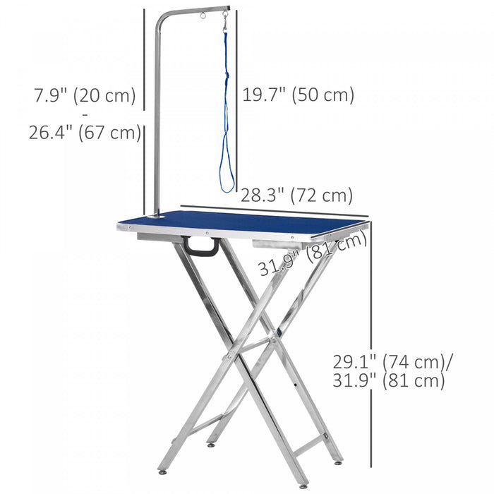 Pawhut 28\" Foldable Dog Grooming Table With Adjustable Arm, Non-slip Surface, Pet Grooming Table For Medium Small Dogs, Cats, Blue