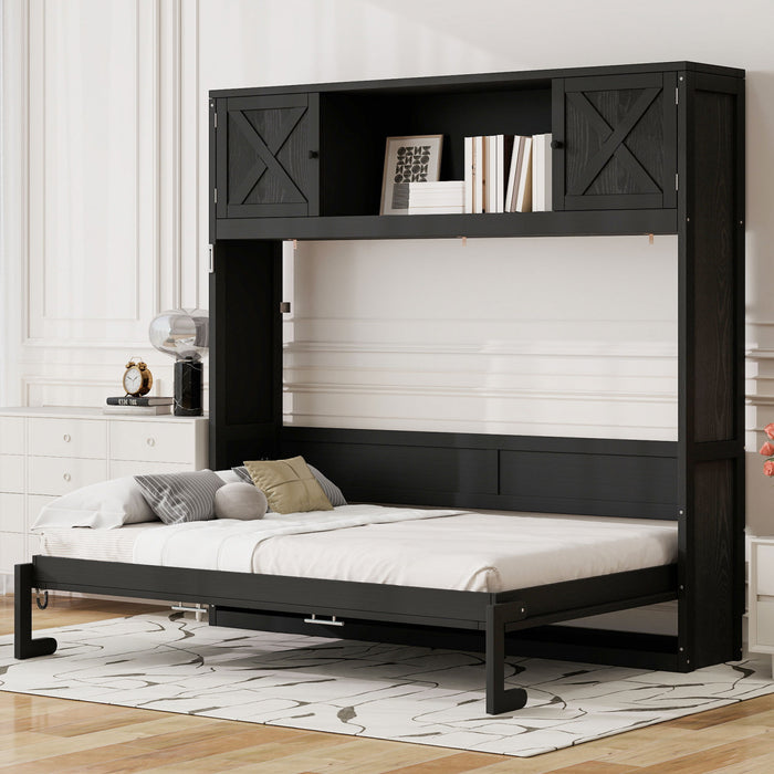 Ethan Solid Wood Murphy Bed with Storage Cabinets,Full Size,Black Full Bed