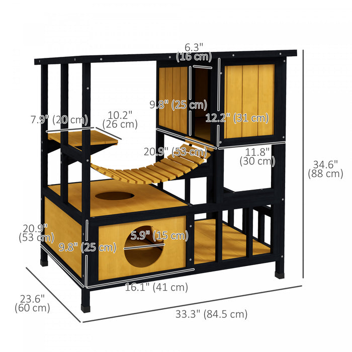Pawhut Outdoor Cat House Feral Cat Shelter Wooden Cat House With Suspension Bridge, Condos, Escape Doors, Jumping Platform, Water-resistant Roof, For 1-2 Cats - Yellow