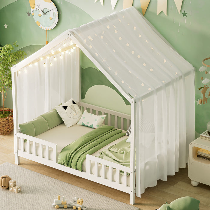 Paul Montessori Floor Bed with Canopy and High Railings,Full Size,White Full Bed