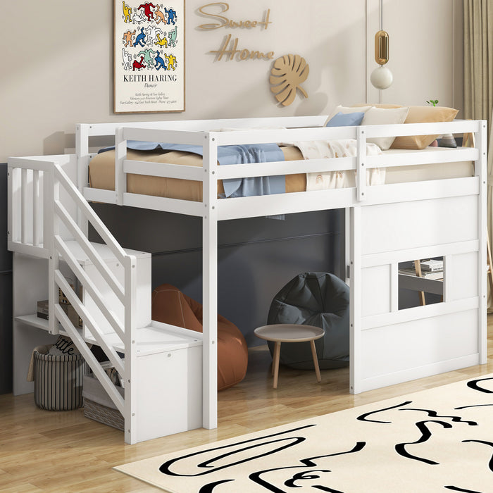 Pepys Modern Loft Bed with Storage Staircase and Window,Twin Size,White Twin Bed