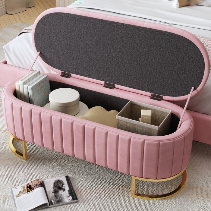 Amelia Elegant Velvet Button-Tufted Storage Bench with Metal Legs,Pink