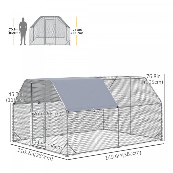 Pawhut Galvanized Large Metal Chicken Coop Cage Walk-in Enclosure Poultry Hen Run House Playpen Rabbit Hutch With Cover For Outdoor Backyard 9.2' X 12.5' X 6.5' Silver
