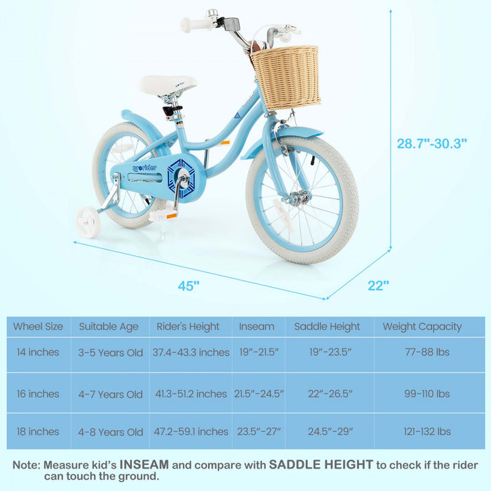 Prorider 16\" Kid's Bike With Training Wheels Adjustable Handlebar Seat Handbrake Blue