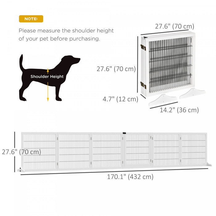 Pawhut Wooden Pet Gate, Dog Safety Barrier, Freestanding Foldable Fence, W/ 6 Panels, 2 Support Feet, For House Doorway Stairs, Small & Medium Dogs, White