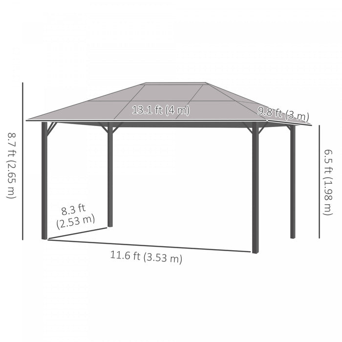 Outsunny 10' X 13' Patio Gazebo Aluminum Framed Polycarbonate Roof Hardtop Garden Canopy Party Tent Marquee Outdoor Shelter With Mesh Curtains & Side Walls - Grey