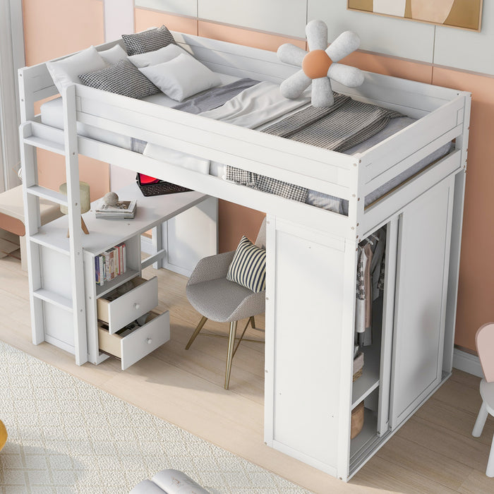 Jeffrey Solid Wood Loft Bed With Wardrobe, Desk And Drawers, Twin Size,white