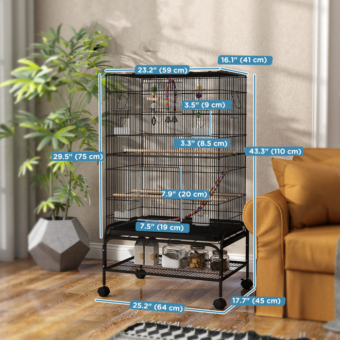 Pawhut 43\" Bird Cage For Budgies Cockatiels Canaries Lovebirds Finches With Rolling Stand, Toys, Removable Tray, Storage Shelf, Black