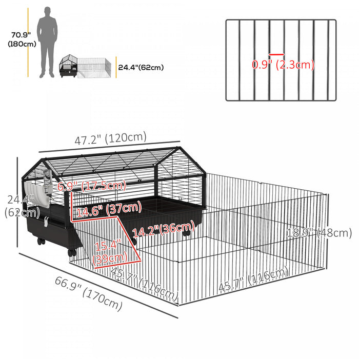 Pawhut Metal Small Animal Cage, Rabbit Cage For Guinea Pig, Chinchilla, Hedgehog, Bunny With Removable Wheels And Foldable Detachable Run Fence 47.2\" L X 66.9\" W X 24.4\"h