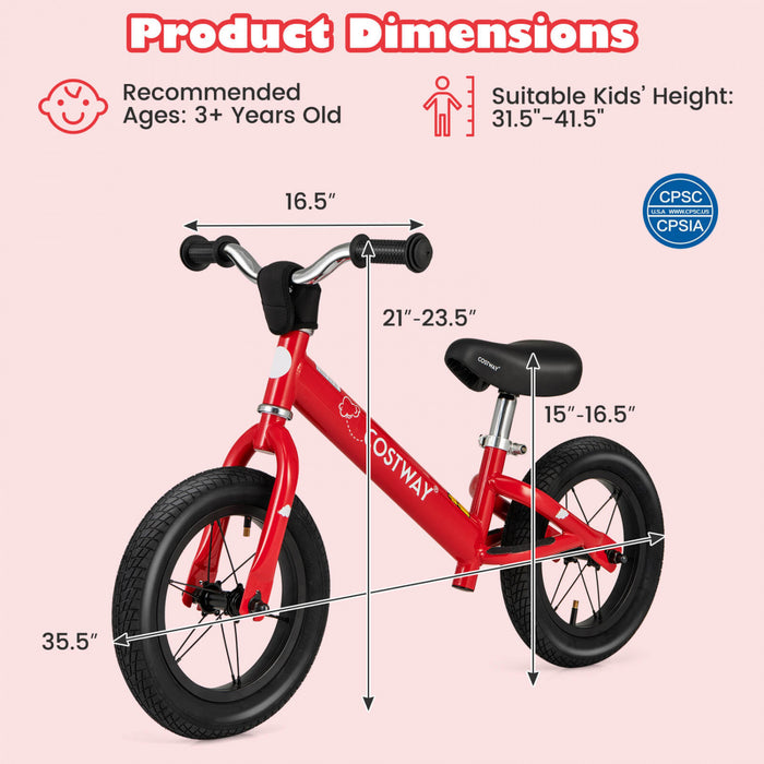 Costway 12 Inch Toddler Balance Bike No Pedal Training Bicycle With Inflatable Rubber Tires Red