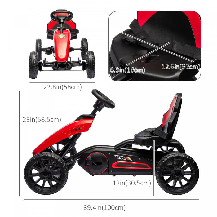 Aosom Pedal Go Kart For Kids, Pedal Powered Ride-On Car With Swing Axle, Adjustable Bucket, Handbrake, 4 Eva Wheels Powered Ride, Indoor Foot Racer, For 3-8 Years Old, Red