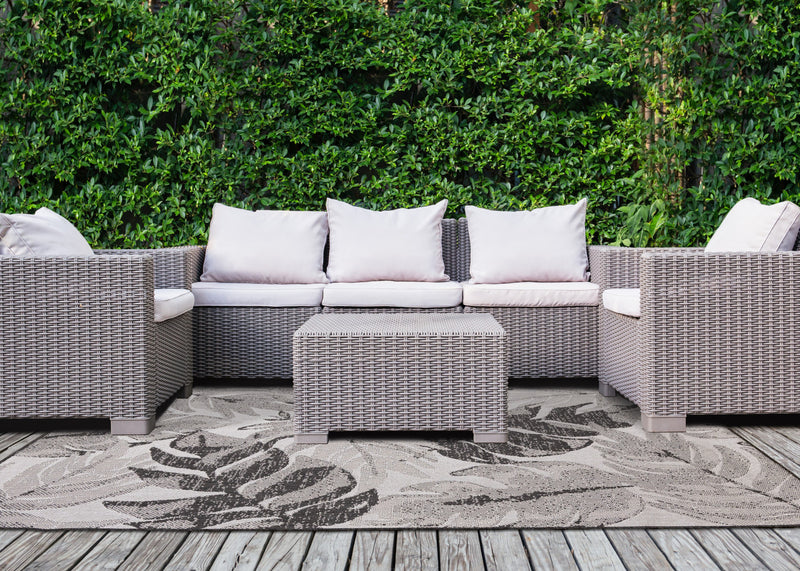 Jackson Grey White Botanical Leaves Rug, 6'7\" x 9'6\" Outdoor Area Rug