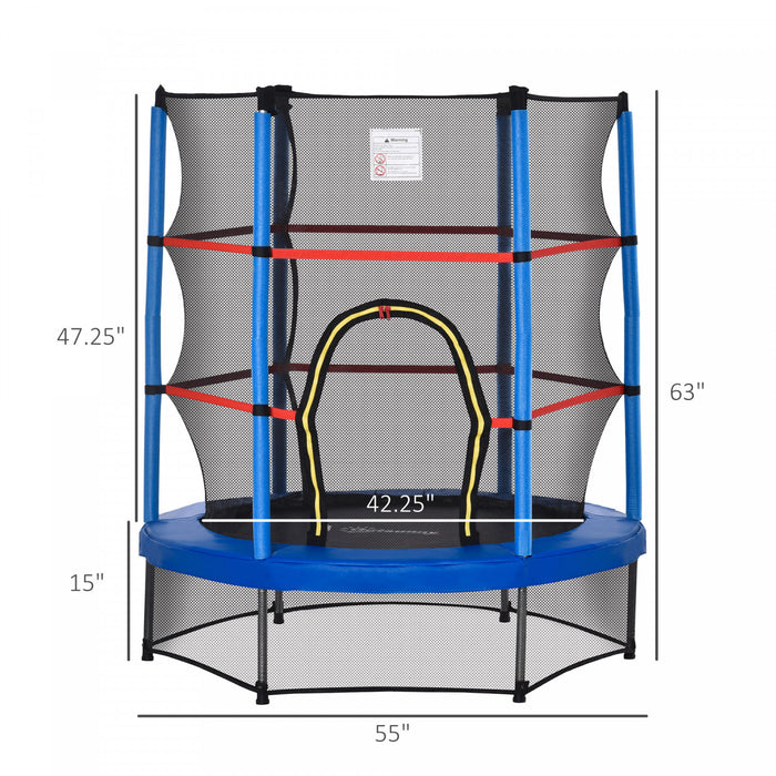 Outsunny Φ55\" Kids Trampoline With Enclosure Net Steel Frame Indoor Round Bouncer Rebounder Age 3 To 6 Years Old Blue