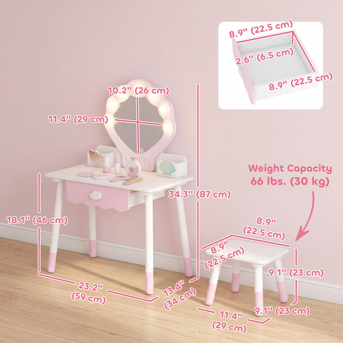 Qaba Kids Vanity Set, Makeup Vanity Table with Lights, Mirror, Stool, 7Pcs Accessories, Pretend Makeup Play Set for Girls 3-8 Years, Pink