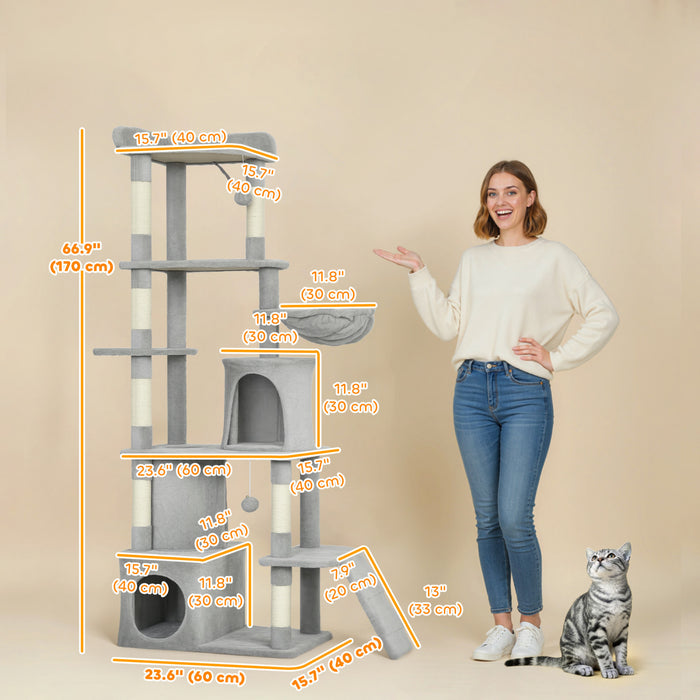 PawHut Cat Tree, 67\" Large Cat Tower for Indoor Kittens Multi-Level with 7 Scratching Posts, Tunnel, 2 Plush Condos, Hammock, Perch, Ramp, Pompoms, Light Grey